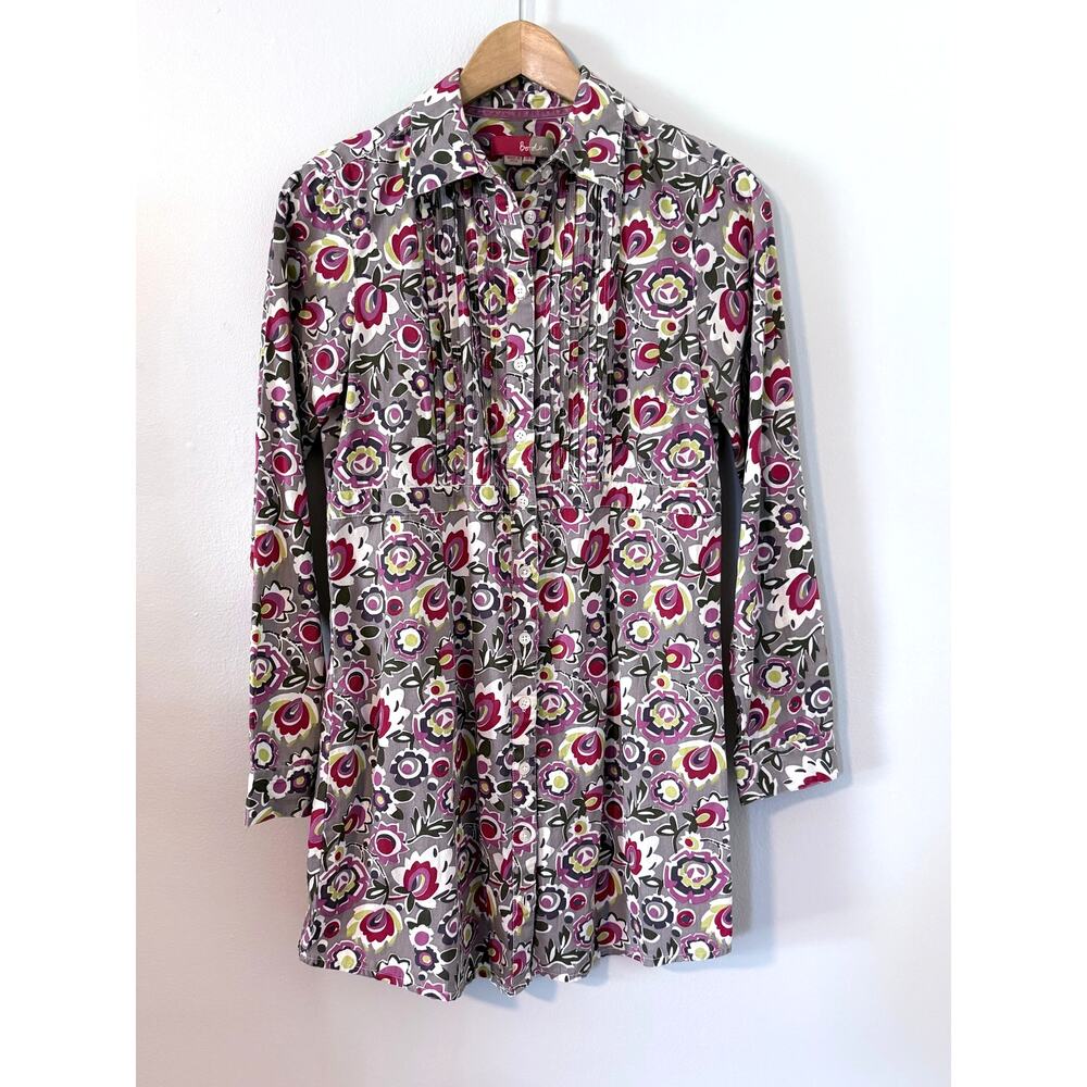 BODEN gray pink retro floral button down longline 100% cotton tunic top blouse